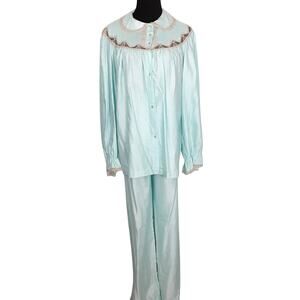 Vintage 70s Barbizon Satin Pajama Set Cotton Polyester Blend Blue Lace Lingerie